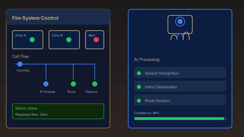 Fire sprinkler system control panel with AI interface overlay showing emergency call routing workflow