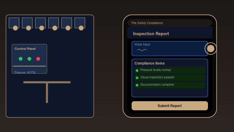 Smartphone displaying AI voice assistant for fire safety compliance reporting with sprinkler inspection scene