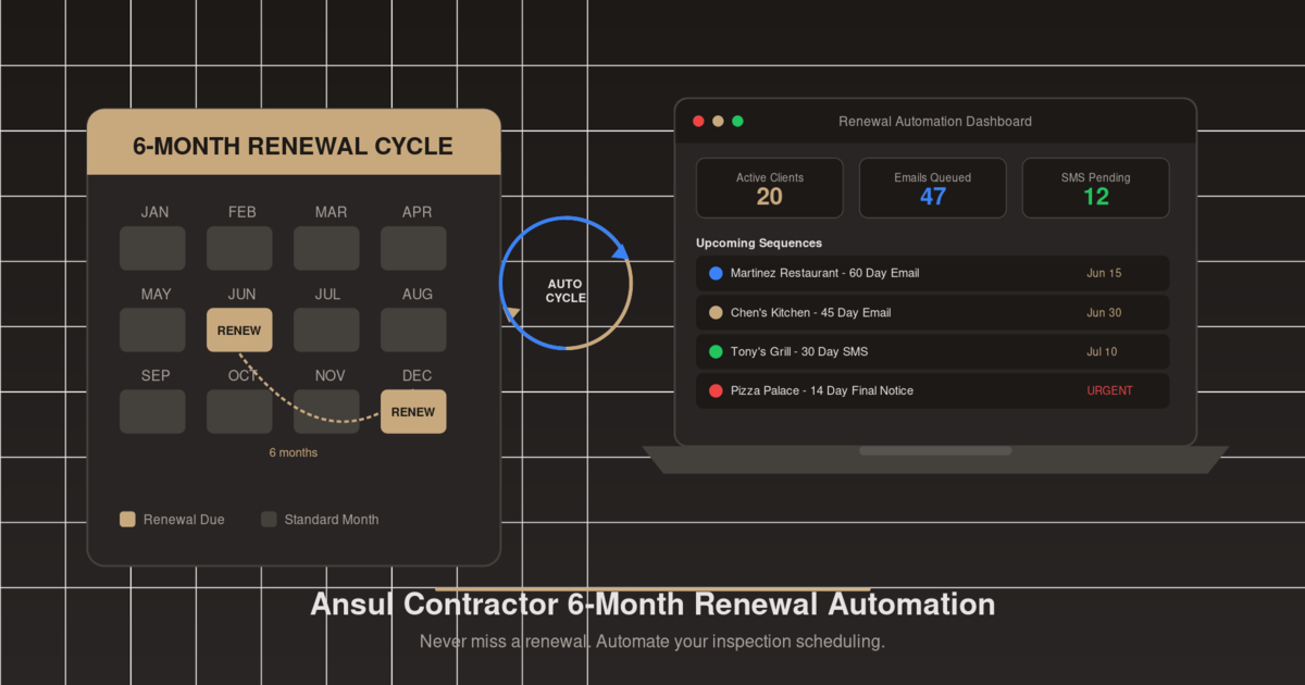Ansul contractor 6-month renewal automation system showing calendar with cycle markers and automated reminder dashboard