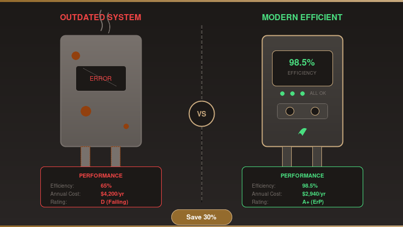 Comparison chart showing energy cost savings between old boiler and proposed high-efficiency replacement system