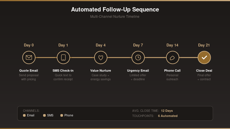 Multi-touch follow-up cadence timeline showing email, SMS, and phone touchpoints over 21 days for boiler quotes