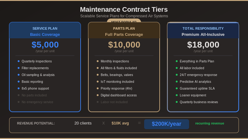 Three-tier automated maintenance contract packages showing Service Plan, Parts Plan, and Total Responsibility coverage levels