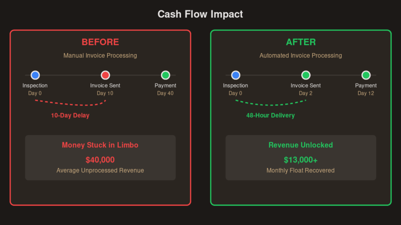 Before and after comparison showing invoice delay reduction from 10 days to 48 hours with $13K recovered float on $40K monthly revenue