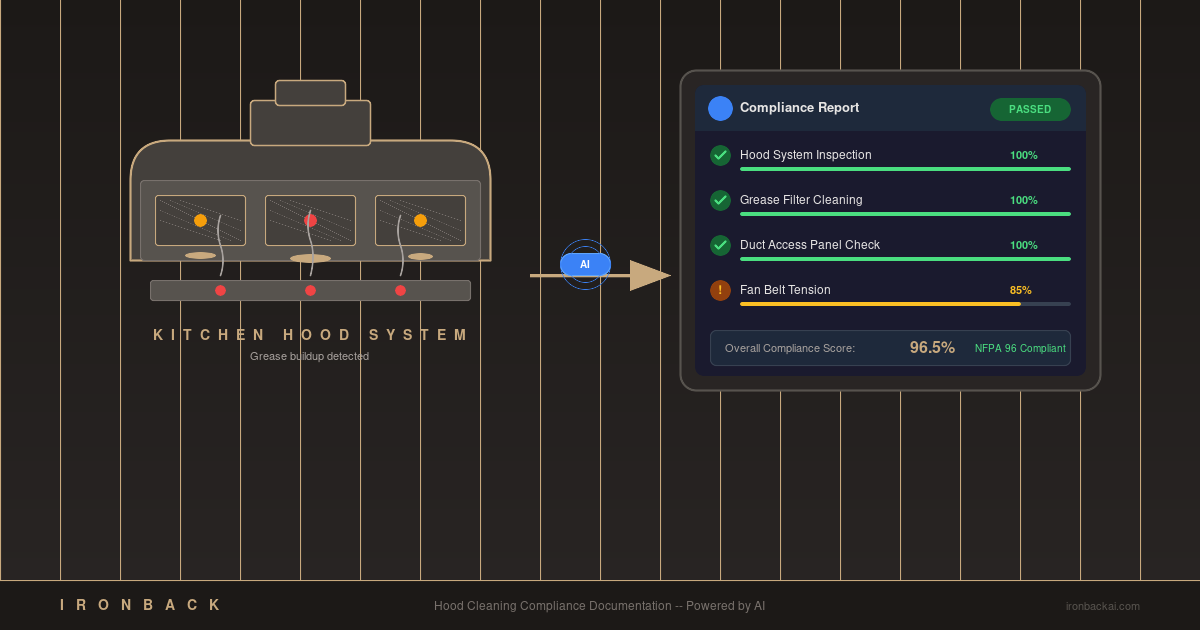 AI-powered hood cleaning compliance documentation system showing digital inspection report on tablet next to commercial kitchen exhaust system