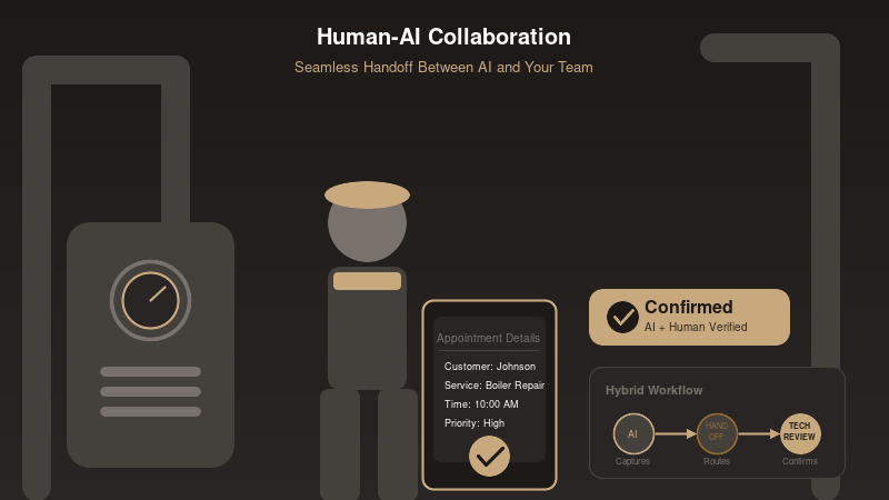 Diagram showing hybrid workflow between AI voice agent and human dispatcher for boiler emergencies